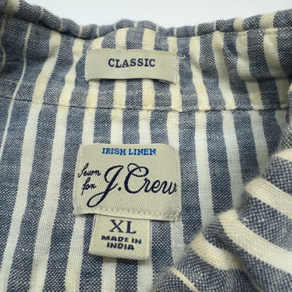 J Crew Irish Linen Button Down Shirt Mens XL Blue Striped Coastal Preppy